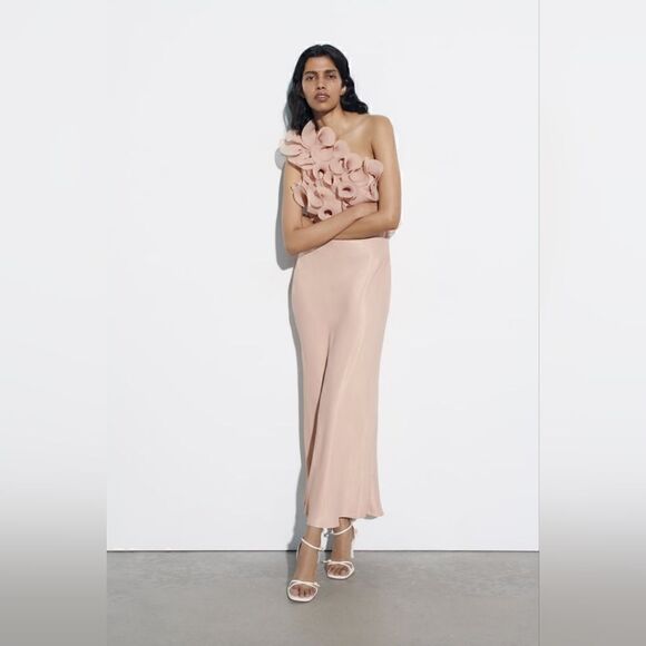 ZARA RUFFLED SATIN EFFECT DRESS LIGHT PINK - Picture 5 of 16